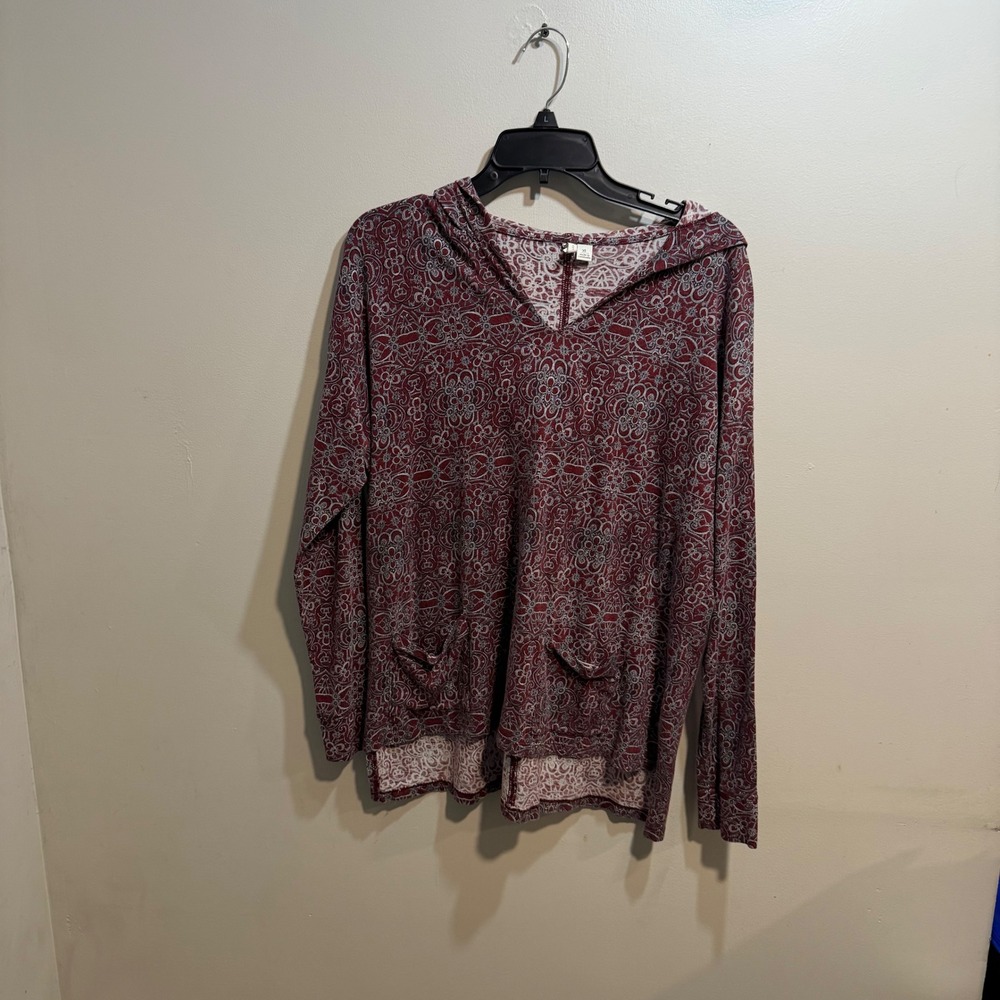 Cato Womens XL Burgundy Medallion Paisley Hooded Pullover Top V-Neck L/S 537